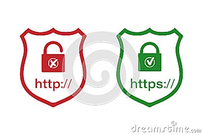 Http and https protocols on the shield with a lock. Safe and reliable browsing . Vector illustrations. Cartoon Illustration